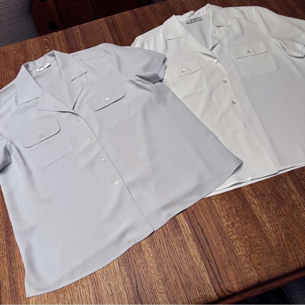 Presagio bundle of two button down polyester blouses, size 44, large